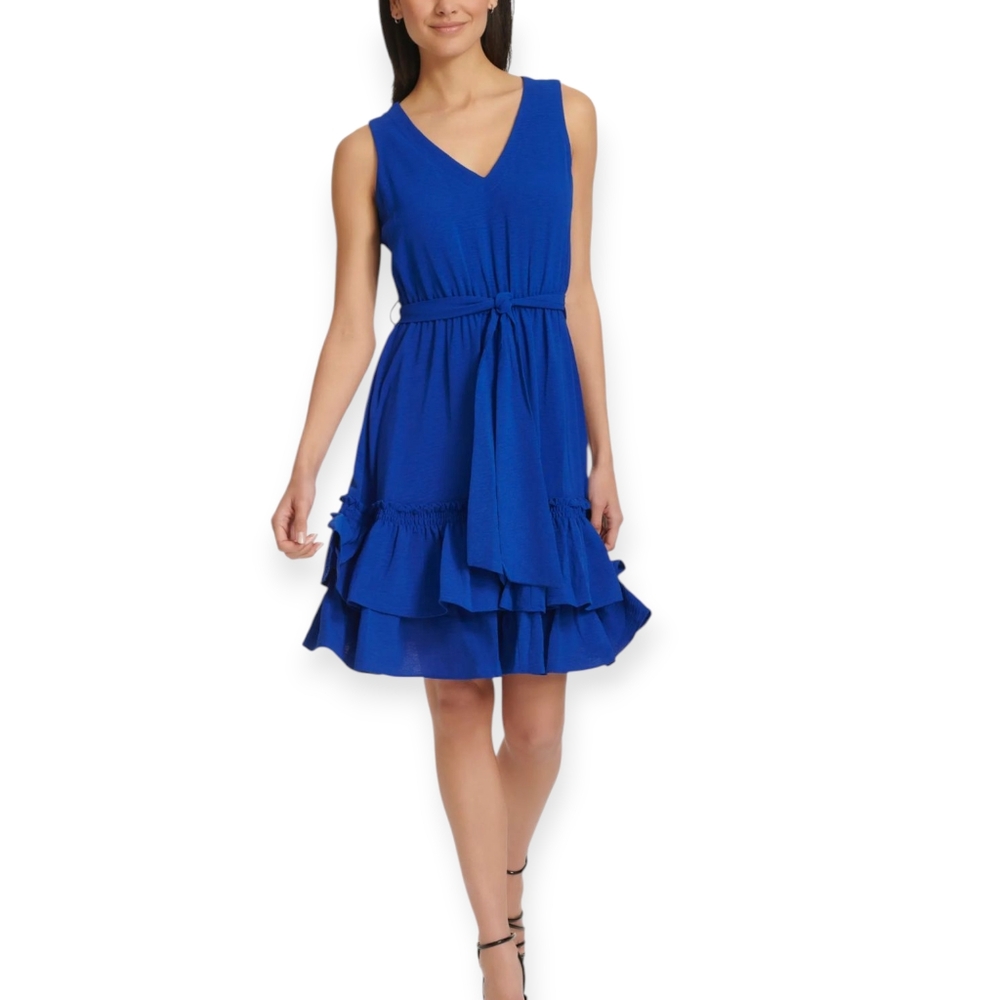 Calvin Klein Women's V-Neck Sleeveless A-Line Blue Dress Size 8 No belt Cocktail